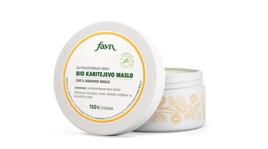 Karitejevo maslo Favn je ekološke pridelave in primerno za nego suhe ter občutljive kože.