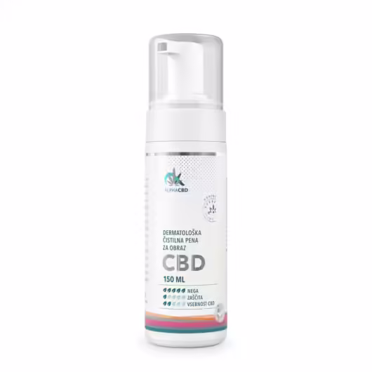 Dermatološka čistilna pena za obraz CBD za vsakodnevno nežno čiščenje mastne, mešane in občutljive kože (fotografija emabalaže).